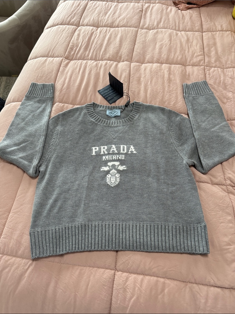 Prada Gray Crewneck Logo Knit Sweater